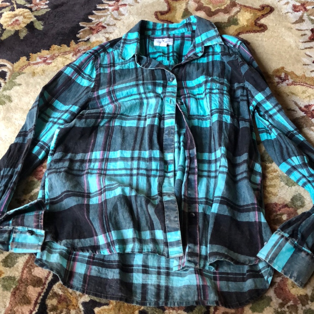 American Eagle Plaid Shirt Teal and Pink